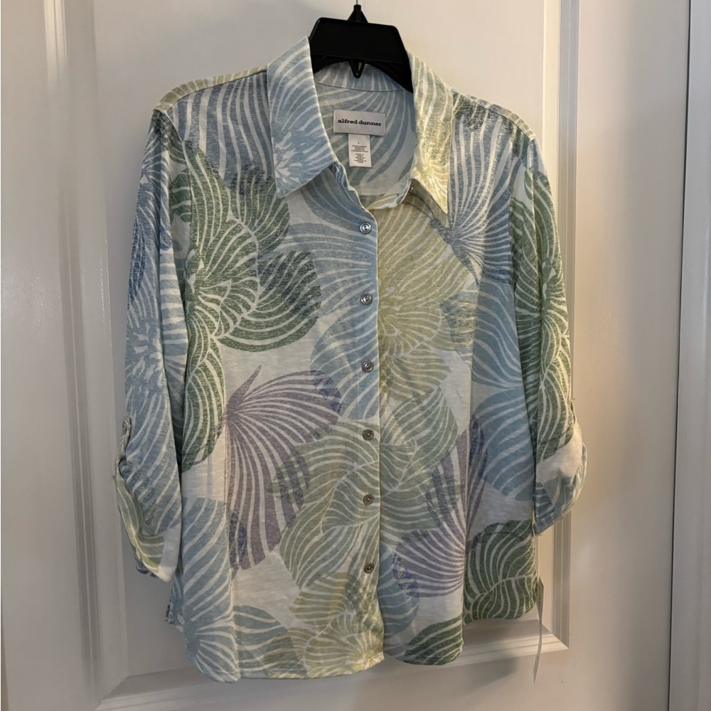 Alfred Dunner Pastel Leaf Print Button-Up Shirt Sz L NWT